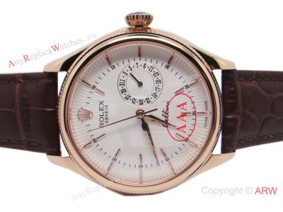 Rolex Geneve Cellini Date Watch Replica - Rose Gold White dial - Brown Leather Strap